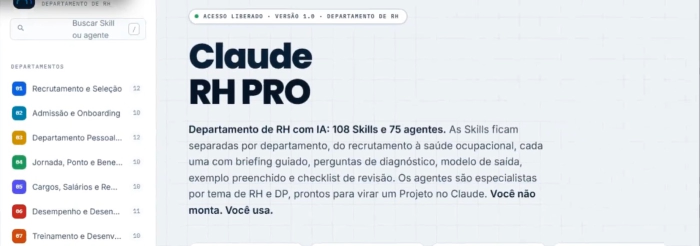 Tela real do Claude RH PRO: painel do departamento de RH com IA, Skills separadas por departamento