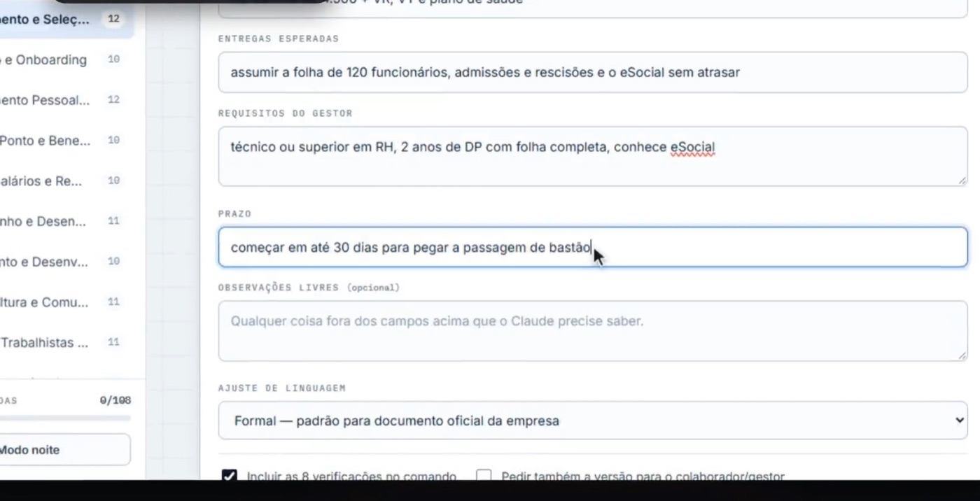 Tela real do Claude RH PRO: briefing guiado com entregas, requisitos do gestor e prazo da vaga