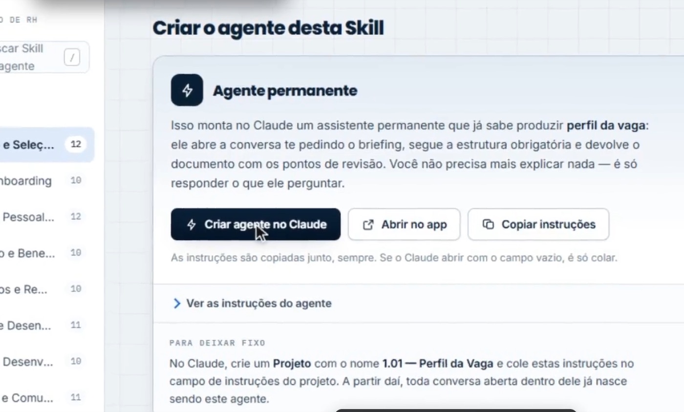 Tela real do Claude RH PRO: criar o agente permanente da Skill no Claude